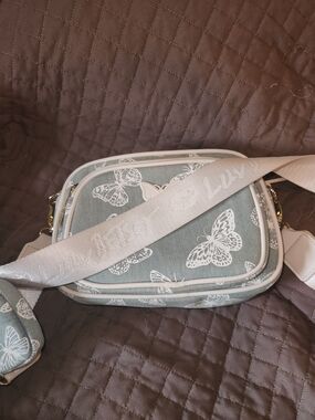 Betsey Johnson Butterfly Print Crossbody Bag in Sage Green and White